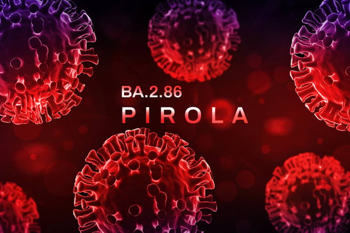 Imagem colorida de coronavírus em vermelho, palavra pirola ba2.86 em caixa alta - Metrópoles