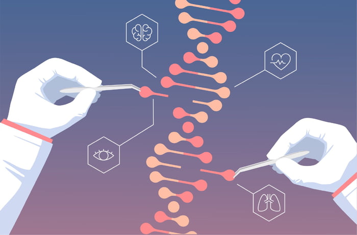 Ilustração mostra processo de edição genética do CRISPR