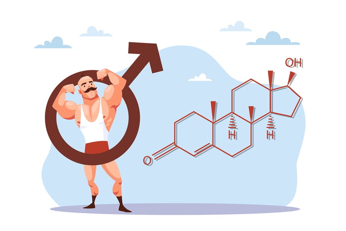 Ilustração de homem mostrando os músculos, o símbolo do sexo masculino e a fórmula química da testosterona - Metrópoles