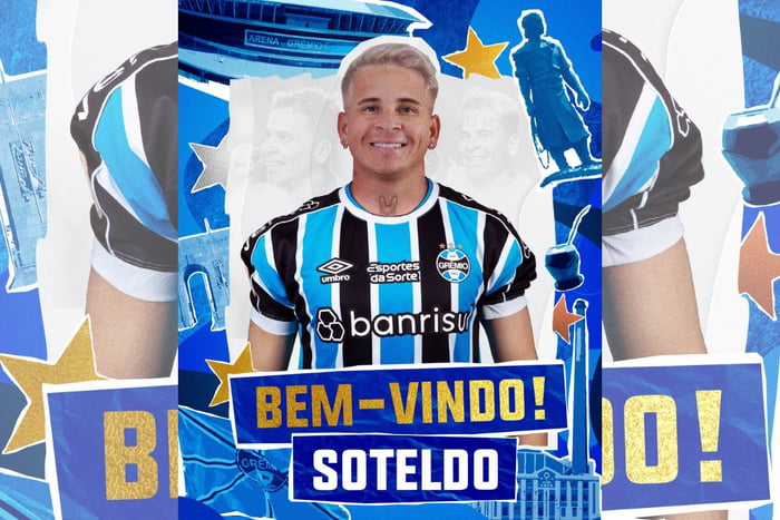 Imagem colorida de Soteldo, ex-Santos, em anúncio oficial como novo jogador do Grêmio- Metrópoles