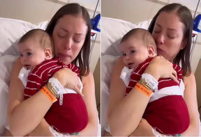 Foto de print de vídeo colorida de Fabiana Justus e o filho de 5 meses no colo
