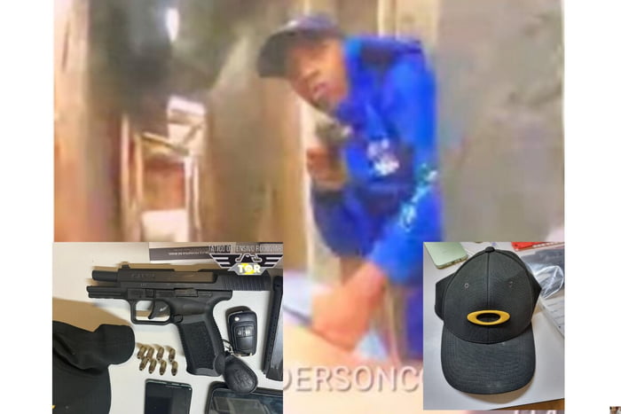 Foto colorida mostra homem pardo com jaqueta azul apontando uma pistola e usando boné. EM destaque, nas laterais, há colagens de uma pistola e um boné apreendidos pela polícia - Metrópoles