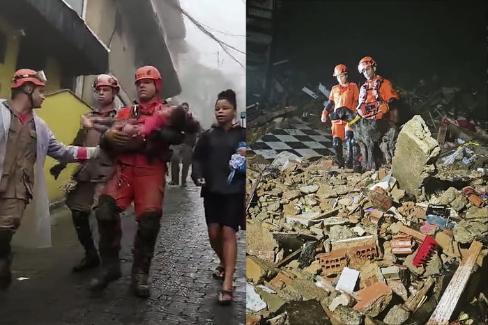 sábado (23/03/24) Os bombeiros militares do CBMERJ resgataram uma criança com vida nos escombros de uma edificação residencial que desabou por conta das fortes chuvas que atingiram o bairro Independência, em Petrópolis